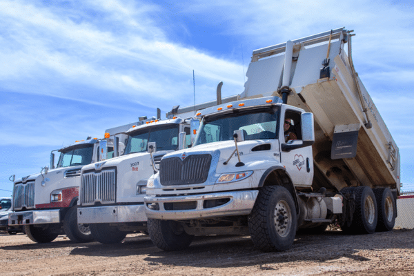 Line of white dump trucks